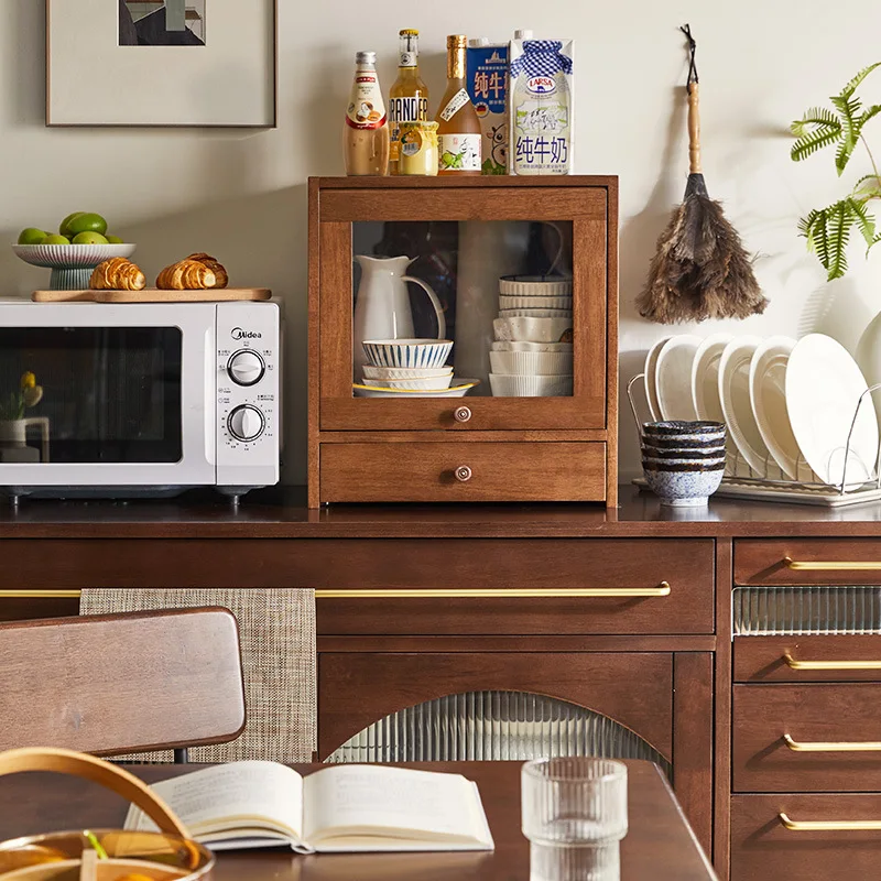 

*/*Solid Wood Desktop Storage Cabinet Household Shelf Dining Side Cabinet Countertop Tea Set Box Bookshelf Kitchen Storage Small