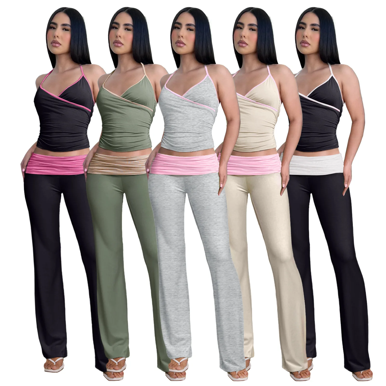 

Spring Summer Fashion Slim Fit Wrinkle Two Piece Set Solid Color Pleated Bandage Halter Crop Tops+Flare Pants Set Women Outfits