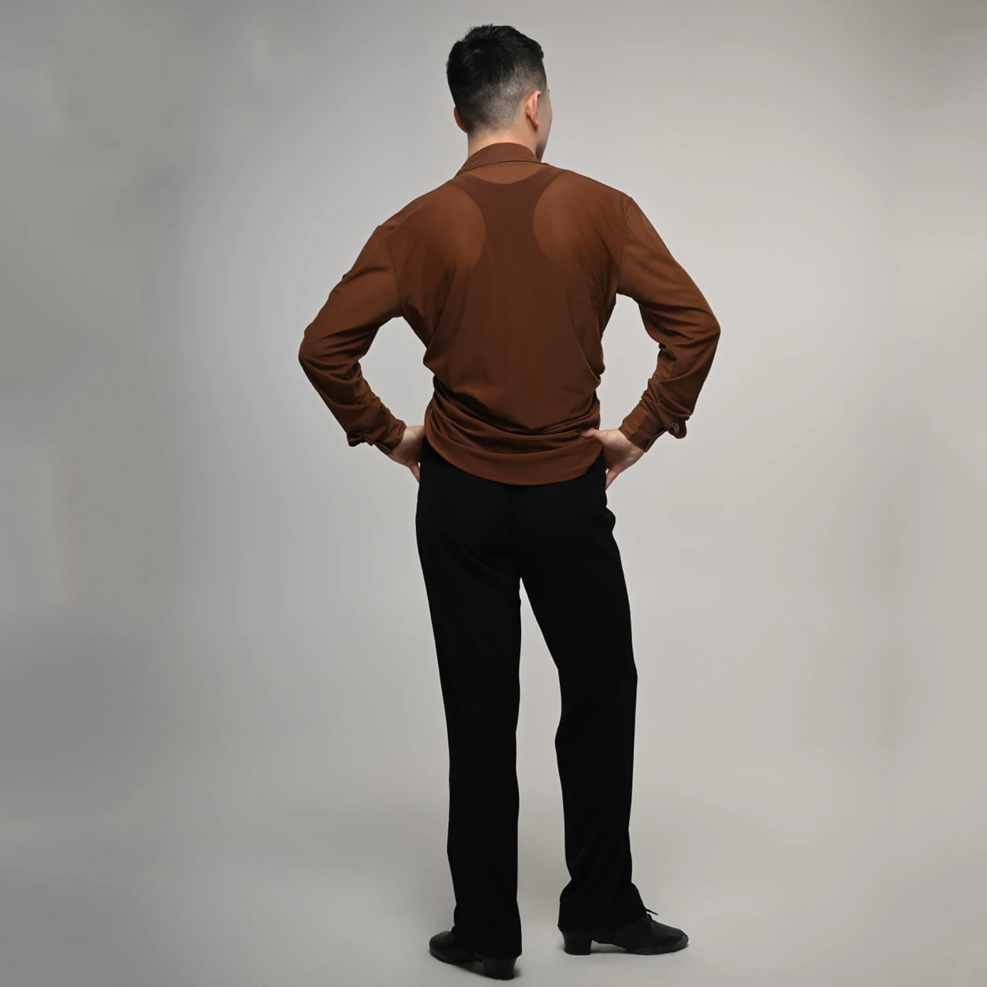 Chemise de danse latine en maille marron noir pour hommes, Rumba Samba Cha Cha, hauts d'entraînement de danse de salle de bal, vêtements de danse latine pour hommes adultes DNV23744