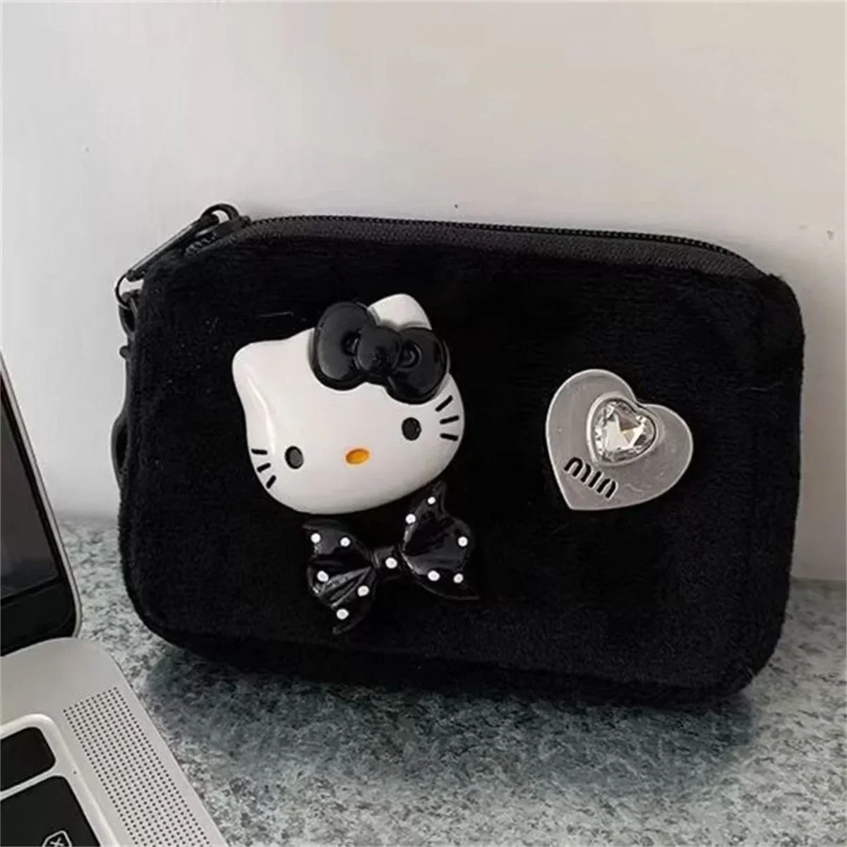 Sanrio Anime Hello Kitty Plush Coin Purse Black Series Keychain Girly Heart Portable Mini Bag Storage Bag Gifts for Girls