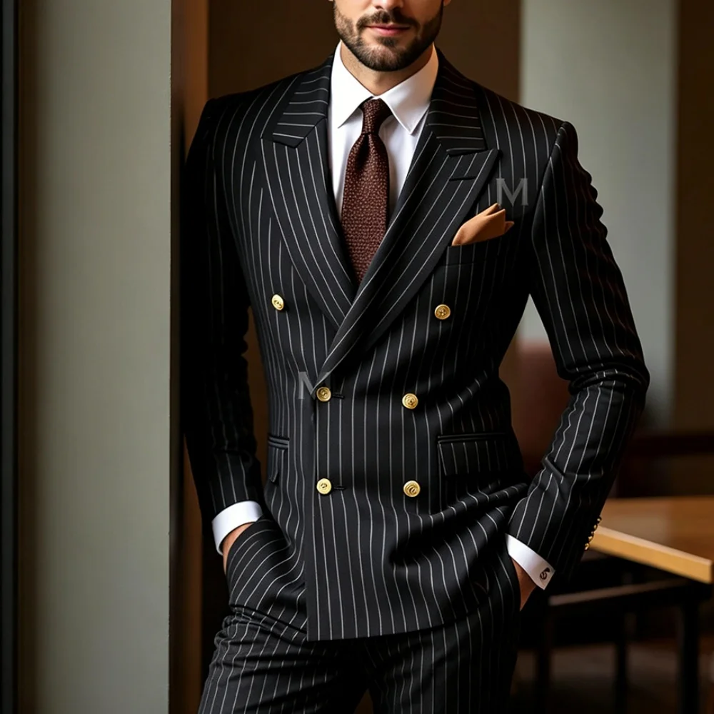 Double Breasted Stripe Wedding Tuxedo with Gold Buttons 2 Pieces Black Slim Fit Men Pants Set for Groom Guest Prom Party Banquet