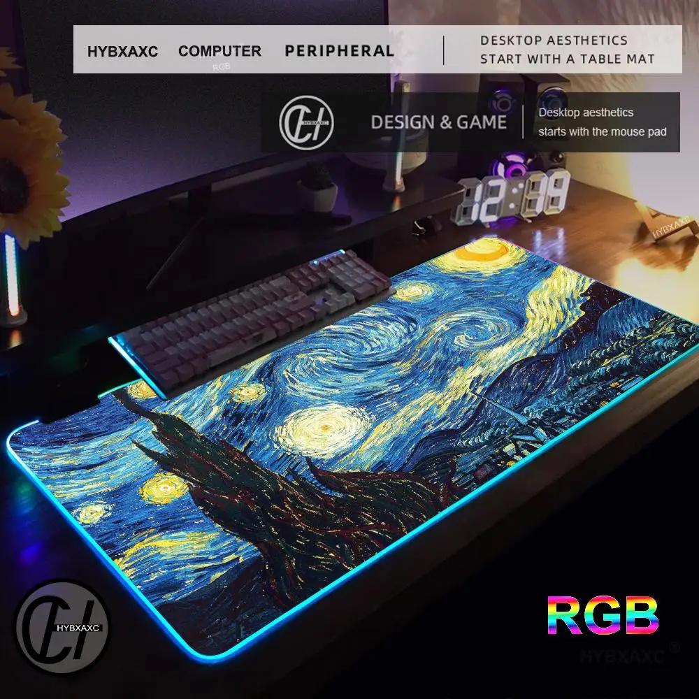 

Van Gogh Oil Painting Mouse Pad RGB Gaming Mouse Pad Desk Mat HD Gamer Large LED Light XXL MousePads PC Computer Carpet