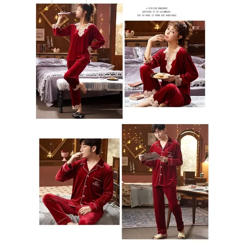 New Gold Velvet Couple Pajamas Women's Spring Autumn Winter Coral Fleece Long Sleeves Large Size Men's Loungewear Set