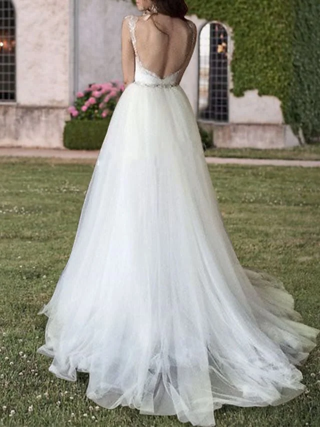 2 قطعة غمد/عمود فساتين الزفاف الخامس الرقبة الاجتياح فرشاة ذيل انفصال الدانتيل تول رومانسية الزنانير أشرطة الديكور يزين