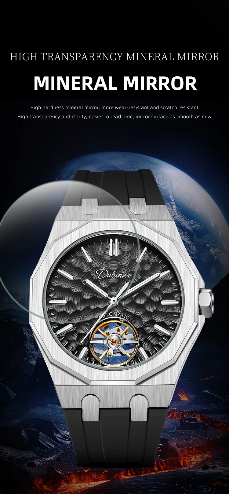 Automatische mechanische Herrenuhr mit orangefarbenem Zifferblatt, Skelett-Tourbillon, achteckige Armbanduhr aus Edelstahl, luxuriöse wasserdichte Uhr – Detail 6
