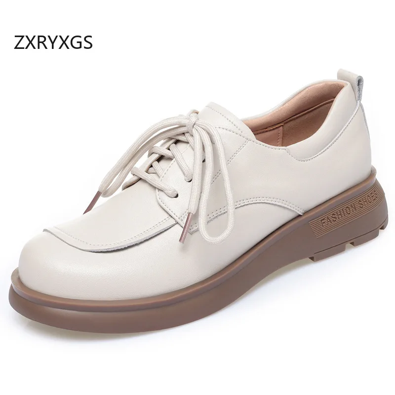 ZXRYXGS 2026 British Style Lace-up Genuine Leather Round Toe Women's Shoes Casual Sneakers Comfortable Elegant Wedges Mid Heels