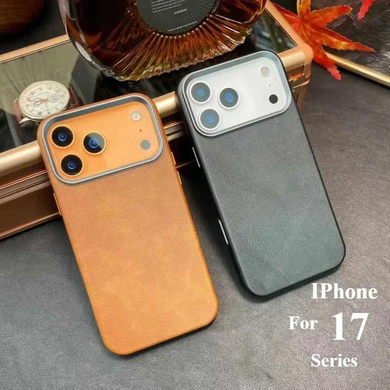 

Retro Premium Leather Phone Case For iPhone 13 14 15 16 17 Pro Max 17 Air Magnetic Charging Metal Lens Ring Shockproof Cover