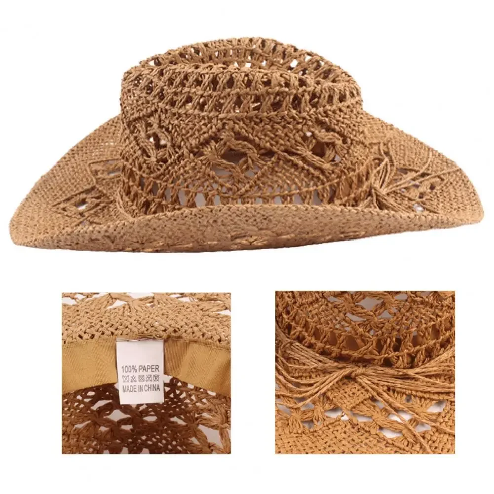 Straw Western Cowboy Hat for Women Men Classic Vintage Hollow Out Unisex Curled Wide Brim Sun Hat Fishing Hat Climbing Cap