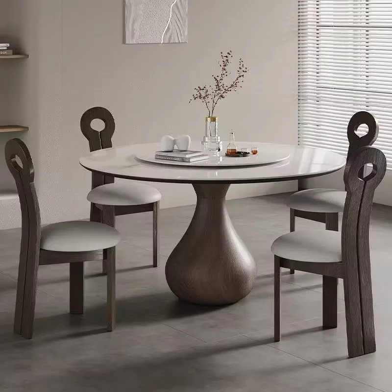 

Modern Round Sintered Stone Dining Table With Lazy Susan Curved Wood Pedestal Base Minimalist Kitchen Table For Home Restaurant