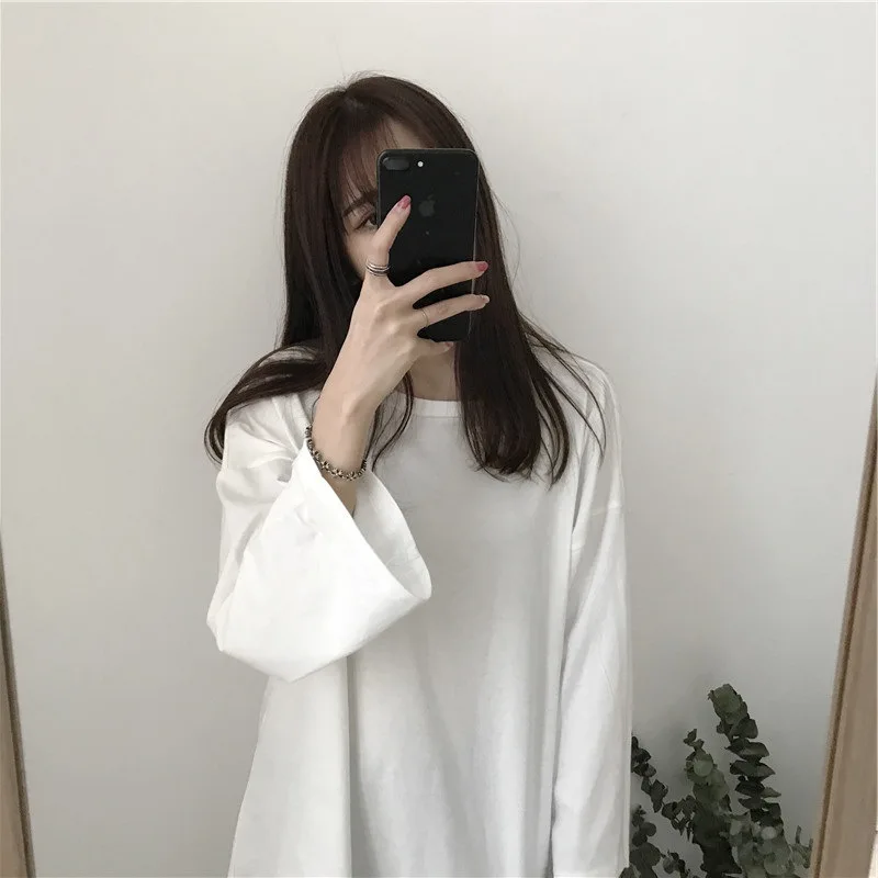 Women's Version of The New Solid Color Round Neck Long-sleeved T-shirt Female Loose Versatile Bottoming Shirt Tops