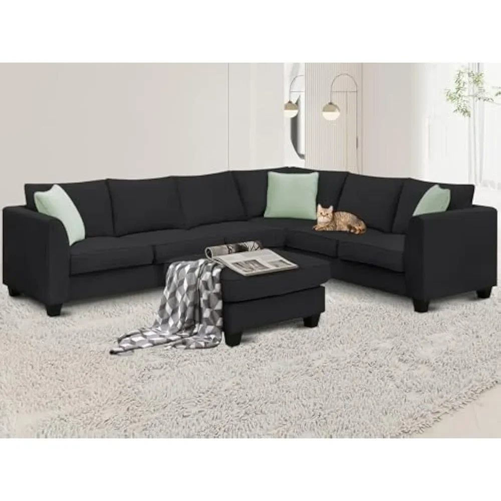 Living sofa,Modern Large U, 7 Seat Fabric Set with Movable Ottoman, L Shape Sectional Sofa Corner Couch with 3 Pillows