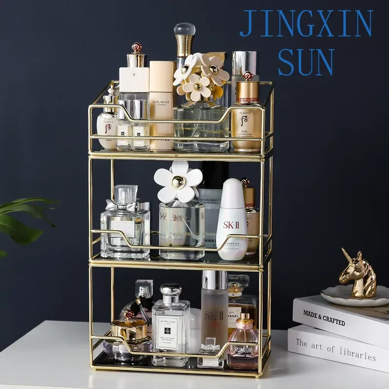 Nordic Fashion Rotating Cosmetic Desktop Storage Box Transparent Makeup Storage Shelf 2 Tiers Tray Dressing Table Finishing Rack