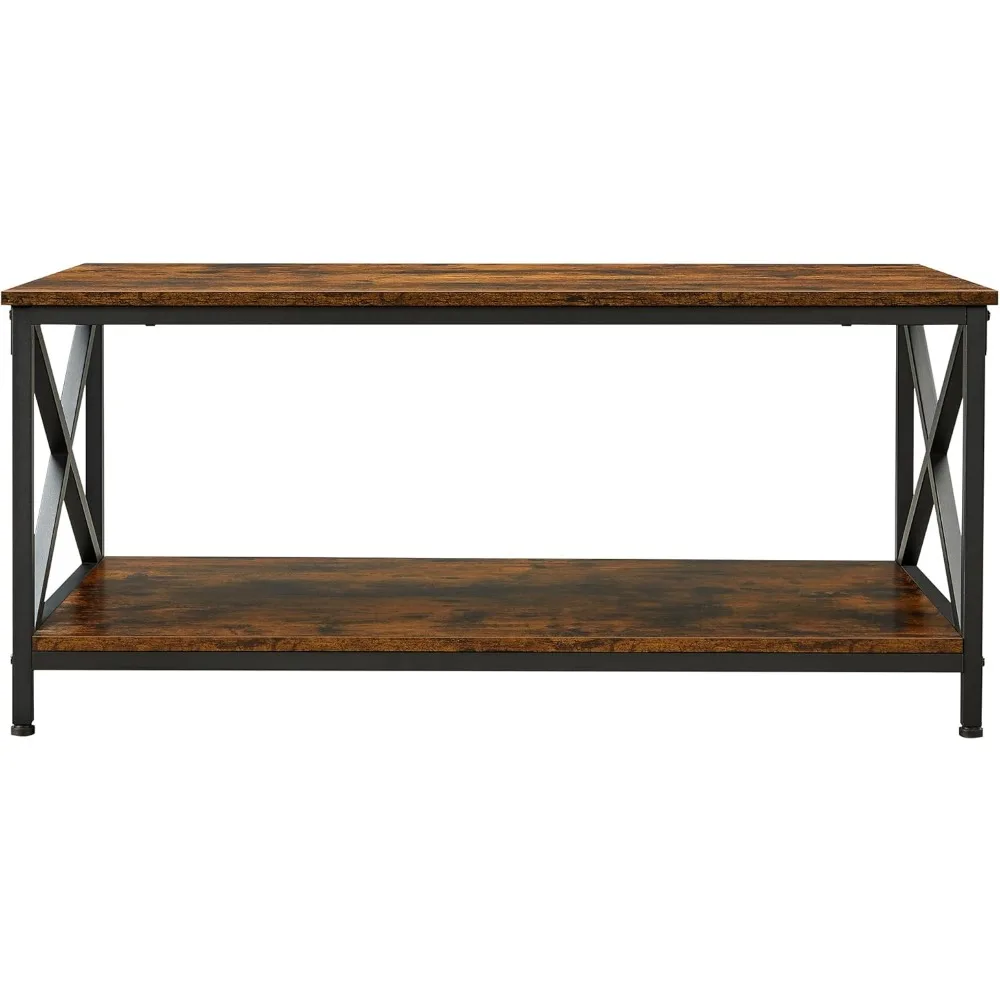 Coffee Table with Storage Shelf and X-Shaped Steel Frame, Industrial Farmhouse Style