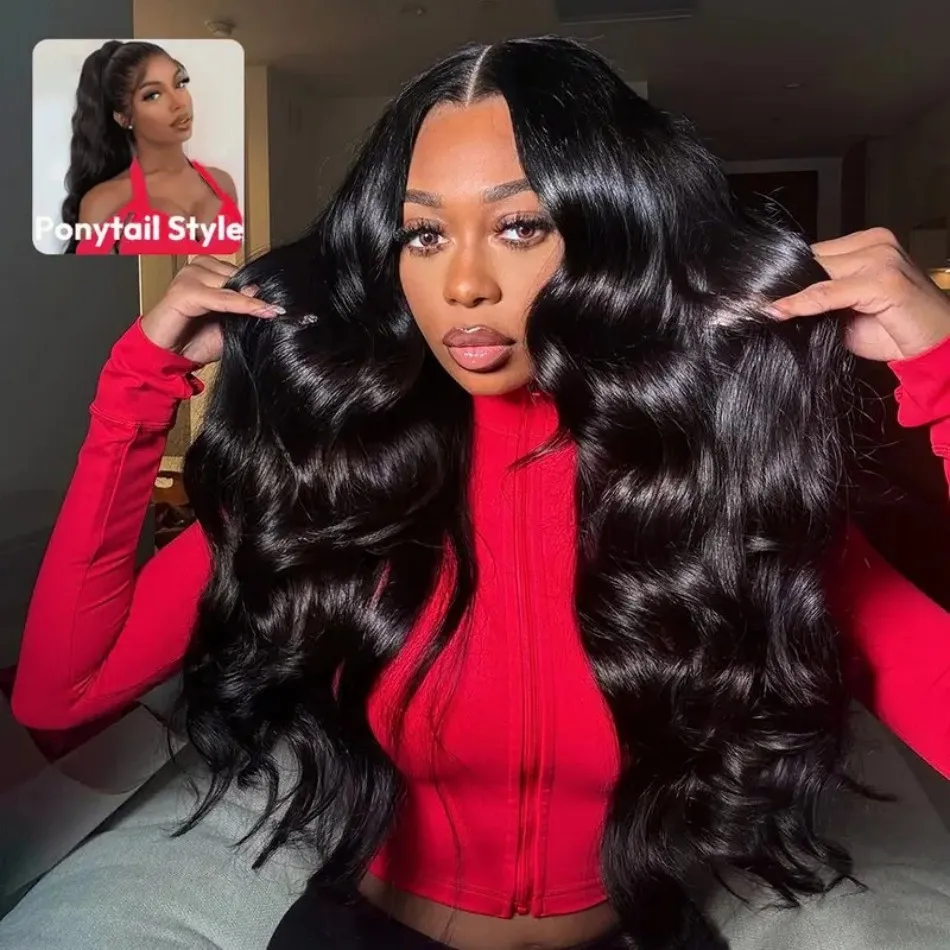 40 Inch Body Wave 360  Lace Wig Human Hair Pre Cut Lace Pre Plucked HD Brazilian Human Hair Wigs Invisible Drawstring Seamless Flip Over 3in1 Half Wig Wear And Go