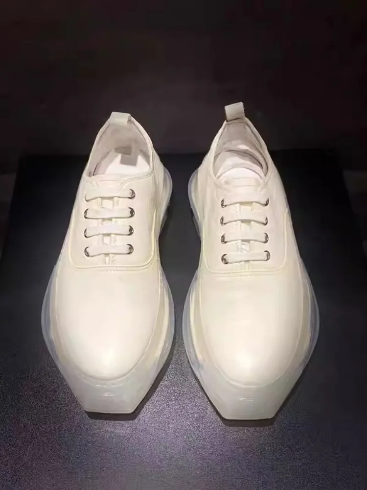 New Mens Breathable Cowskin Genuine Leather Sneakers Transparent Sole Fashion Designer Shoes Lace Up Round Toe Platform Shoes