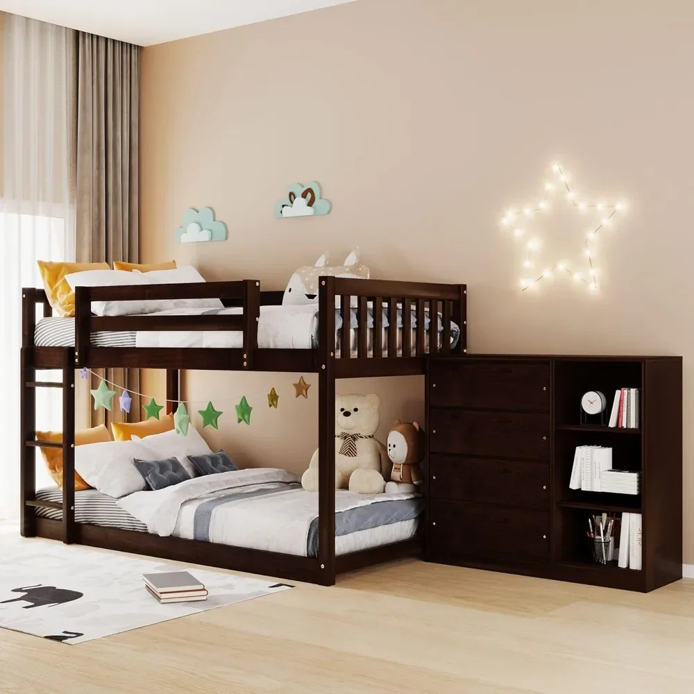 Twin Over Twin Bunk Beds with Storage, Wooden Twin Floor Bunk Beds with 4 Drawers and 3 Shelves,Low Bunk Bed Frame,Twin Loft Bed