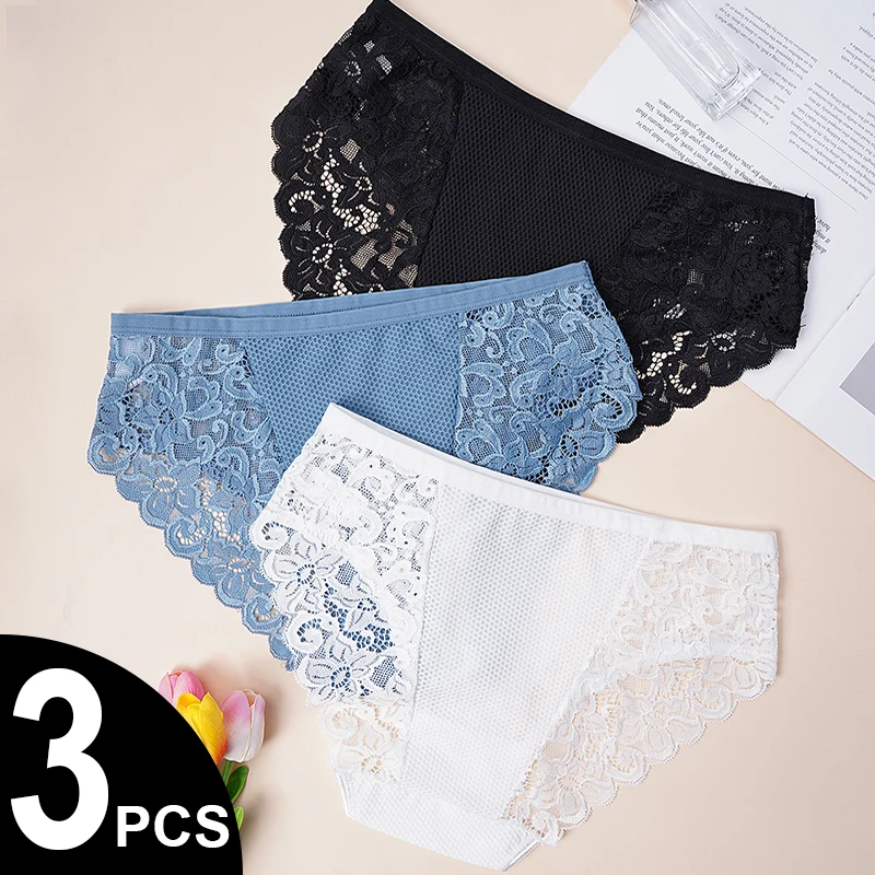 3ks/sada síťovaných krajkových patchworkových kalhotek, poloprůhledné sexy dámské květinové kalhotky, jednoduchý styl, pohodlné prodyšné spodní prádlo - náhled 2