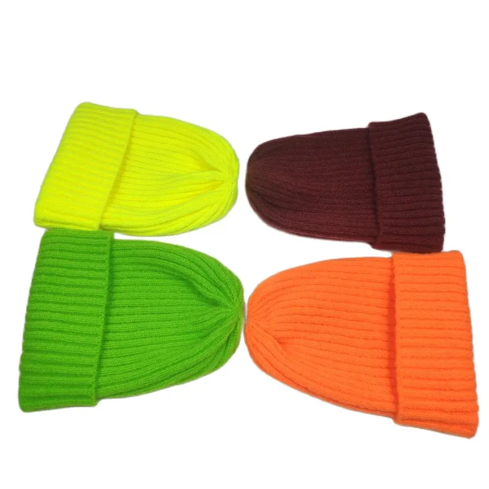 Bright Color Solid Knit Skull Beanie Women Men\'s Cuff Warm Winter Hats Plain Toques Neon Yellow Neon Orange Green Burgundy