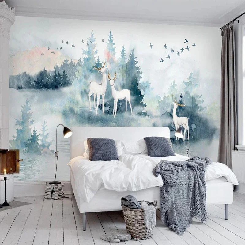 

Custom Wall Cloth Nordic Abstract Mountains Forest Deer Photo Murals Wallpaper Living Room Sofa TV Background Wall Decor Fresco