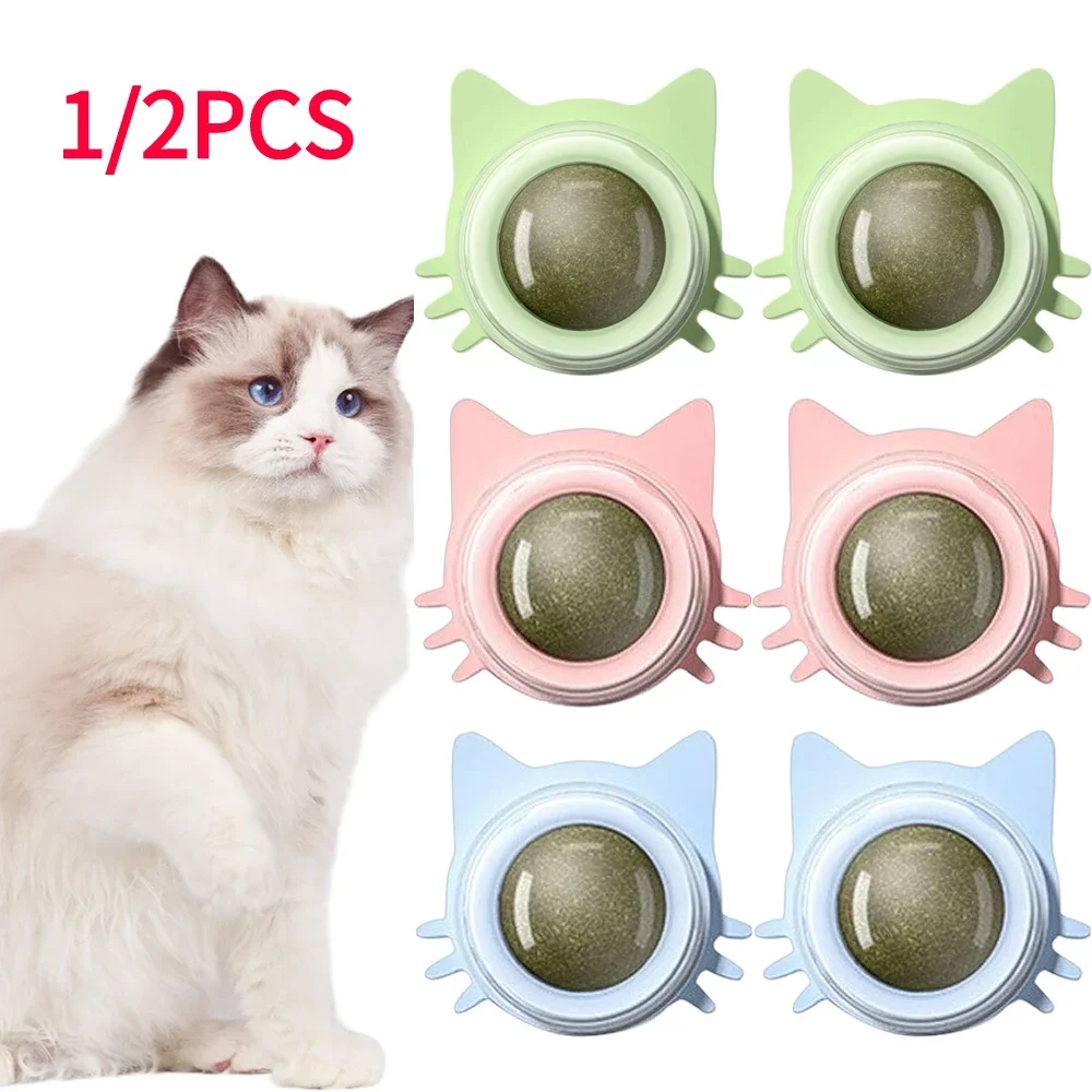 Natural Catnip Ball Cat Rotatable Wall Stick-on Ball Toys Lickable Snacks Healthy Teeth Cleaning Kitten Chew Toys Pet Supplies