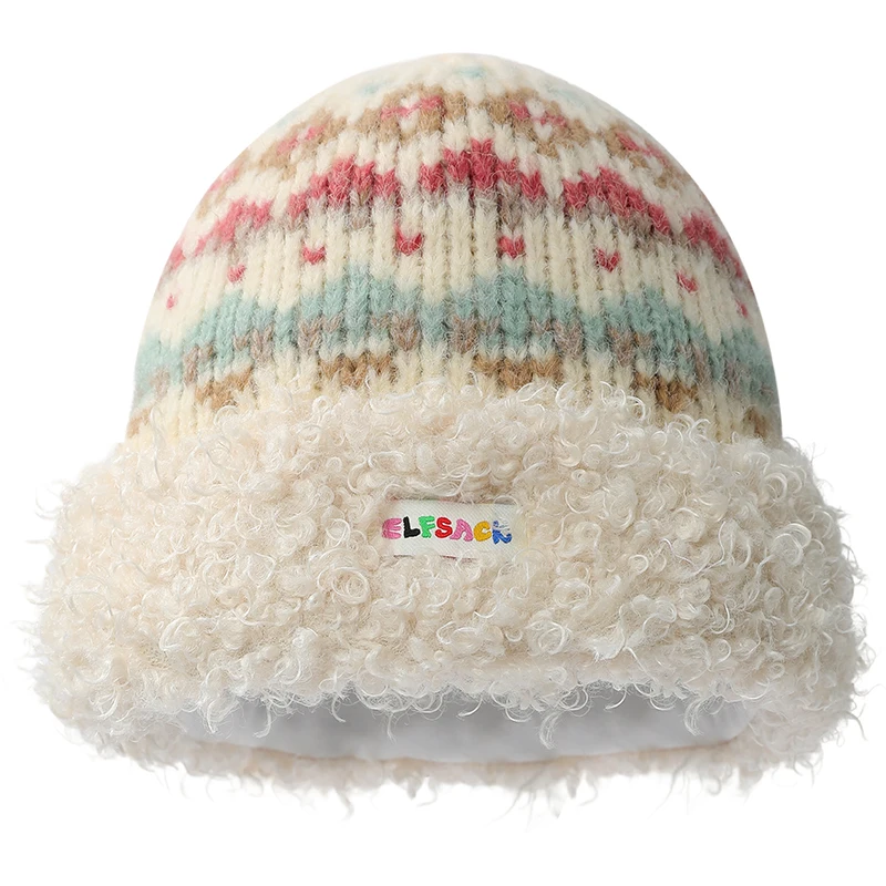 ELFSACK 2025 Winter New Arrivals Multi Color Fair Isle Warm Knit Beanie For Women