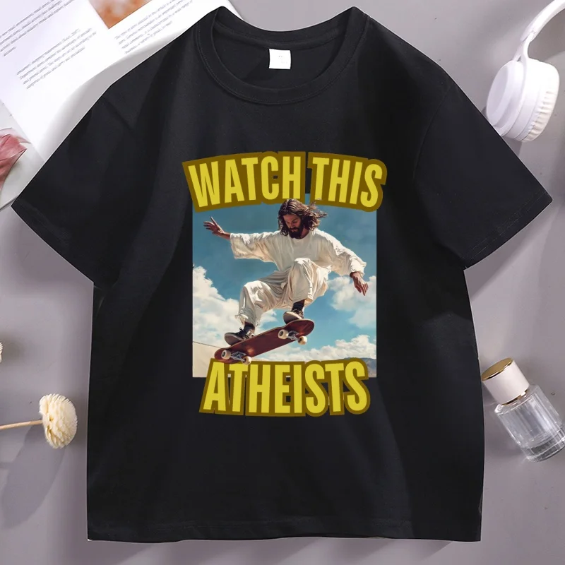 

Watch This Atheists Vintage Graphic T-Shirt Men Women Retro Jesus Skateboarding Meme T Shirt Funny Christian Tshirt 90s