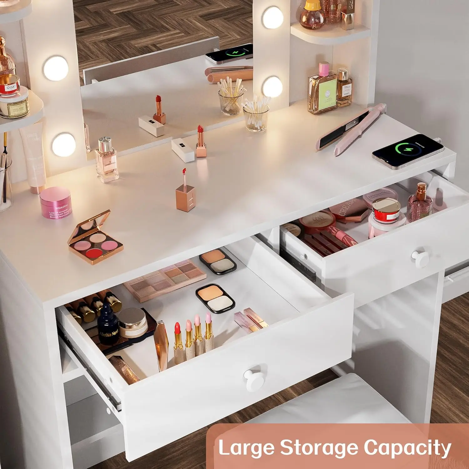 Makeup Vanity Desk with Mirror and Power Outlets, Vanity Table with 3 Color Modes Adjustable Brightness, Dressing Table Set with