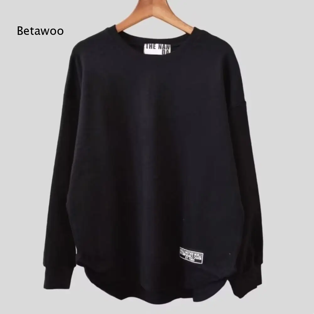 Women Plain Black Long Sleeve Pullover Crew Neck Relaxed Fit Sweatshirt Curved Hem Bottom Tag Detail Street Daily Basic Top