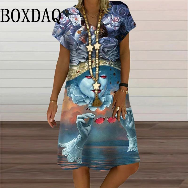 Street Art Painting Abstract Print Dresses Casual Fashion 2024 Women Clothing New Oversized Short Sleeve Loose V-Neck Midi Dress