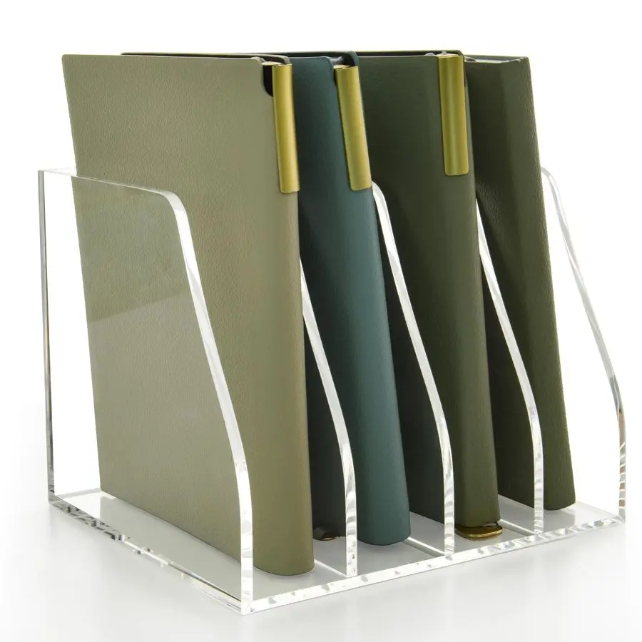 

Magazine File Holder, 4 Vertical Compartments Desk Document Sorter Organizer, Clear Folder Rack Binder for Office Home Classroom