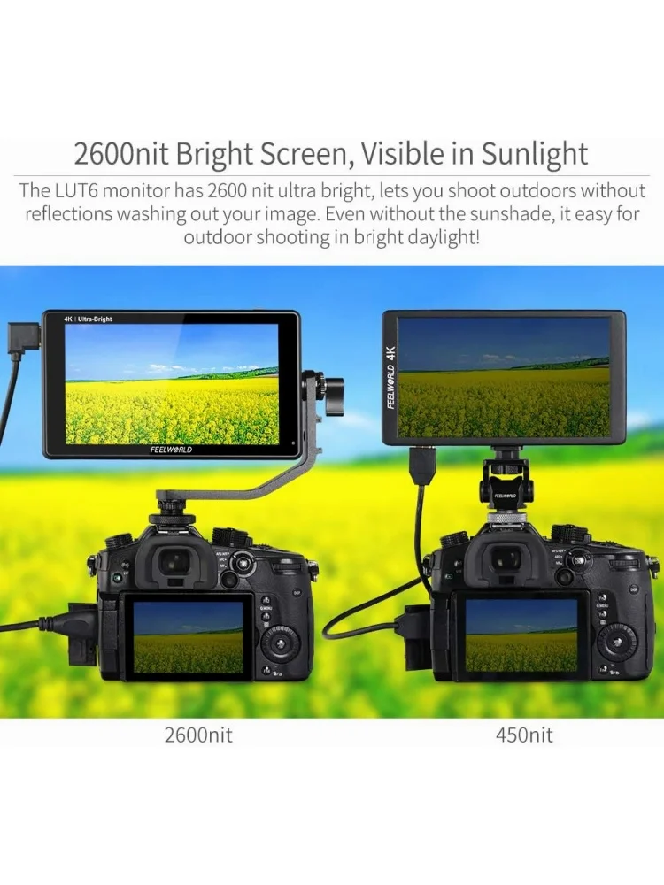 FEELWORLD LUT6 6 Inch Ultra Bright 2600nits HDR 3D LUT Touch Screen Field DSLR Monitor 4K HDMI Full HD 1920x1080 IPS for Camera view 6