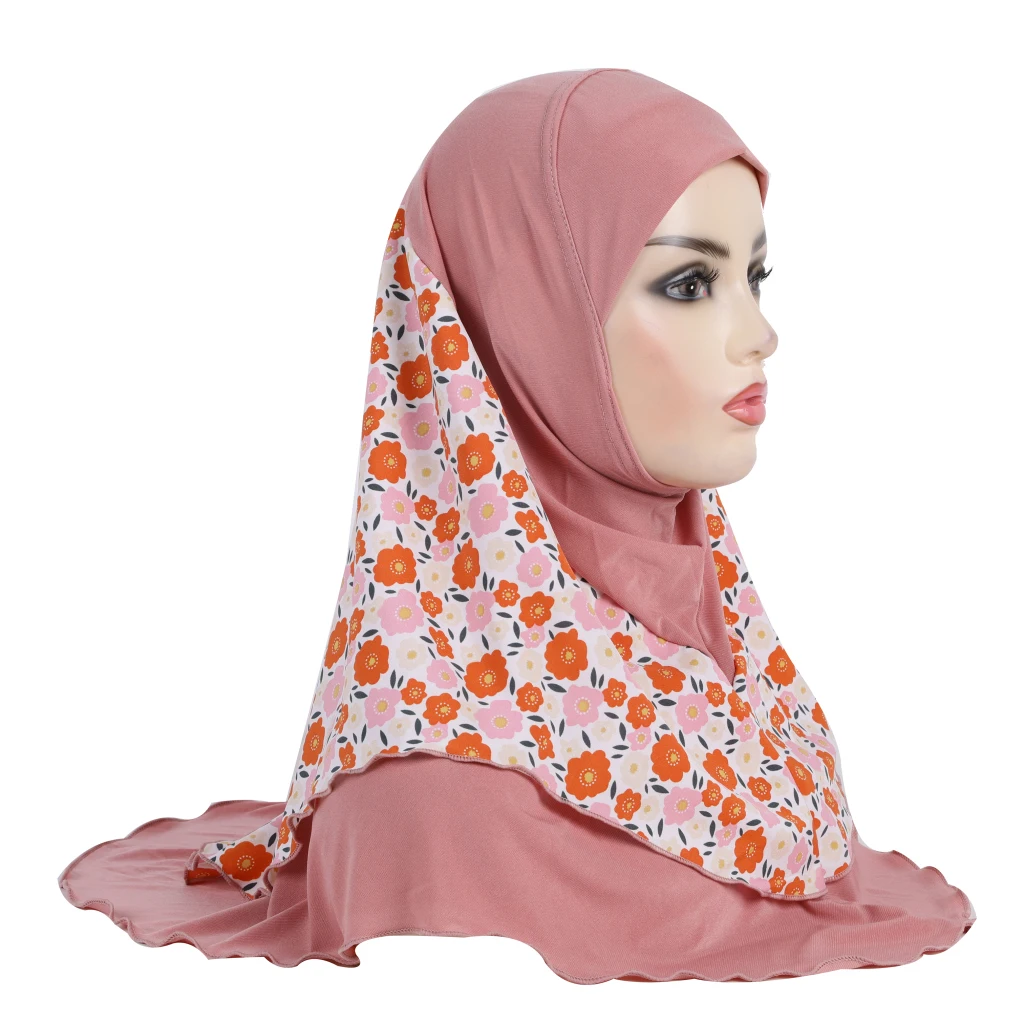 H326 Teenage girls medium size 65*60cm pray hijab with chiffon prints muslim scarf islamic headscarf hat amira pull on headwrap