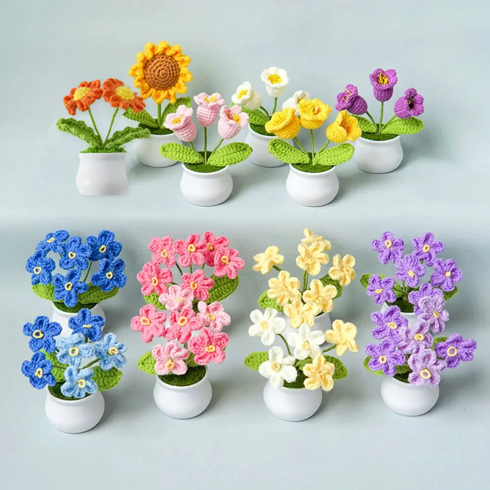 Mini Cute Style DIY Handwoven Simulation Pot Flower Planting Thread Crochet Knitted Finished Home And Garden Decorative Ornament