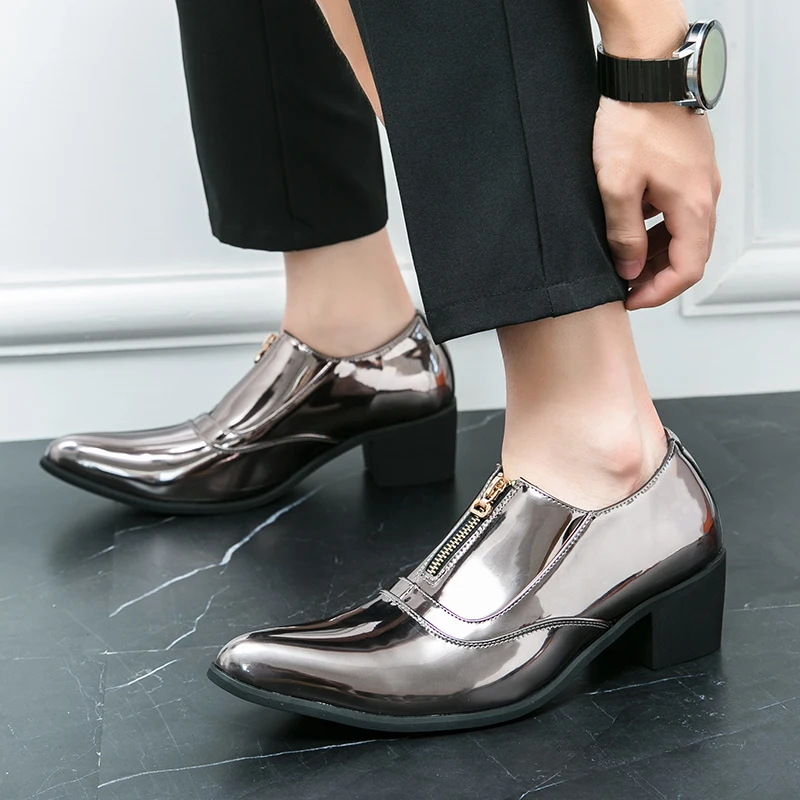 

2025 Colorful Luxury Men's Crocodile Pattern High Heel Leather Dress Shoes Designer Pointed Party Wedding Oxfords