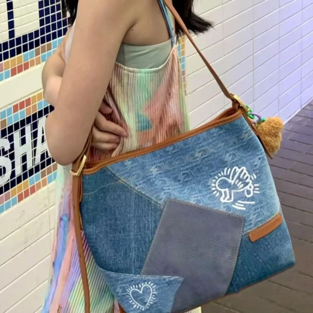 Trend Korea Minority Internet Celebrity Vintage Women Totes Patchwork Vintage All-match Denim Purses Large Capacity Shoulder Bag