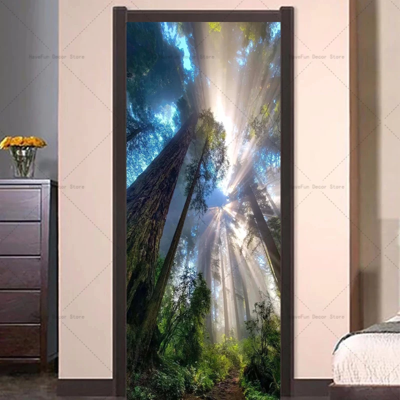 

Natural Scenery Door Sticker Rays Through the Forest Mural Vinyl PVC Waterproof Self-adhesive Bedroom Apartment Door Sticker