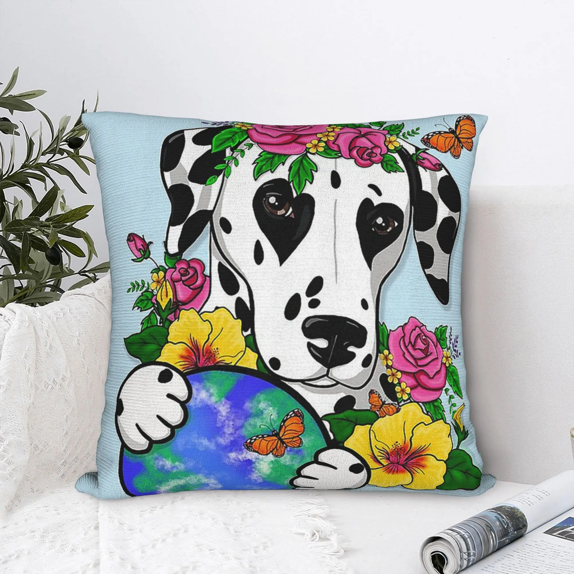 Dalmatian Happy Earth Day Square Pillow Cases Dog Lover Cushion Covers Customized Zipper Decor Pillowcase for Car 45x45cm