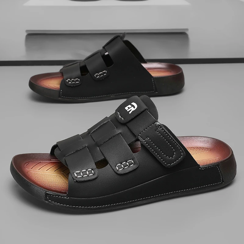 

Fashion Leather Sandals Men Summer Comfortable Adult Men's Casual Slippers Beach Shoes For Men Non-slip Open-toe Black Sandals