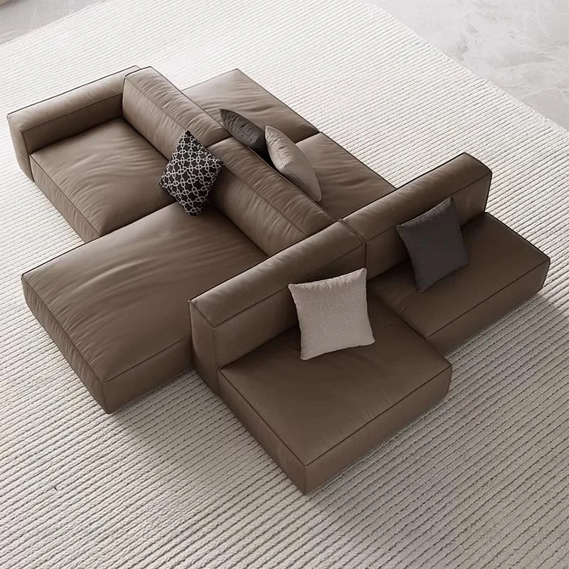 

^&Italian Minimalist Sectional Sofa Genuine Leather Modular Double-Sided Back-to-Back Horizontal Design for Living Room Tofu
