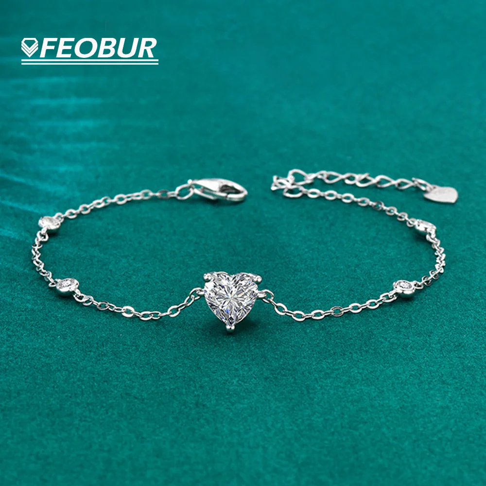 

FEOBUR 1 карат браслеты с муассанитом и бриллиантами в форме сердца для женщин S925 серебряный браслет-цепочка изысканные ювелирные изделия с сертификатом подарок