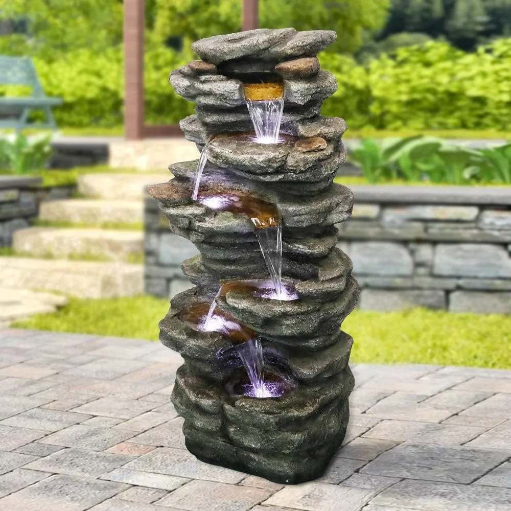 

LED Water Fountain, 6-Tiers Rocks Outdoor Fountain - 40” High Cascading Waterfall, Outdoor Fountain, фонтан