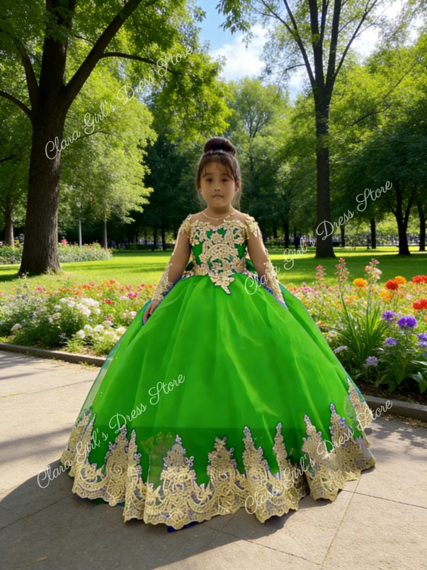 Gouden appliqué koningsblauwe bloemenmeisjesjurk met lange mouwen en strik Geschikt voor schoonheidswedstrijden, bruiloften, eerste communie