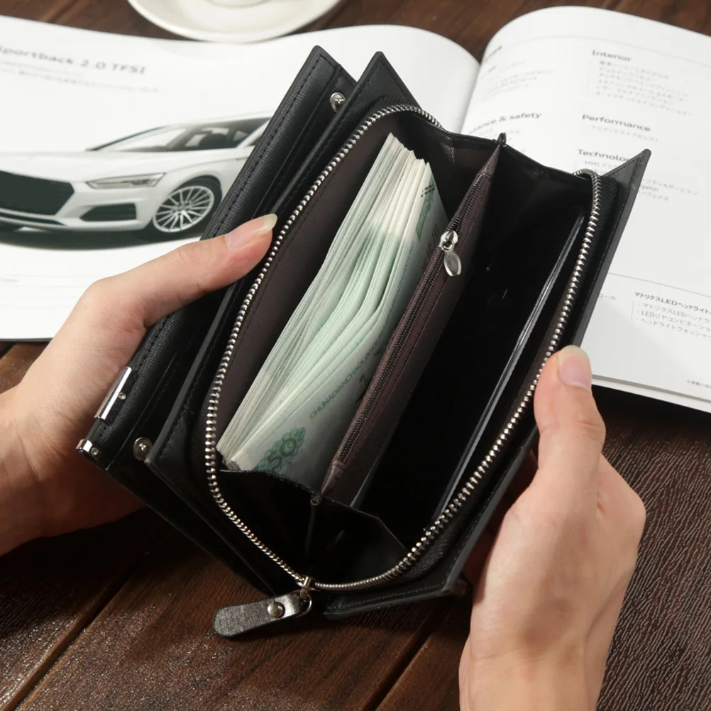 Portamonete lungo con cerniera Portafoglio da uomo multifunzionale in PU premium nero Portafoglio portaoggetti di grande capacità per carte contanti Monete ID