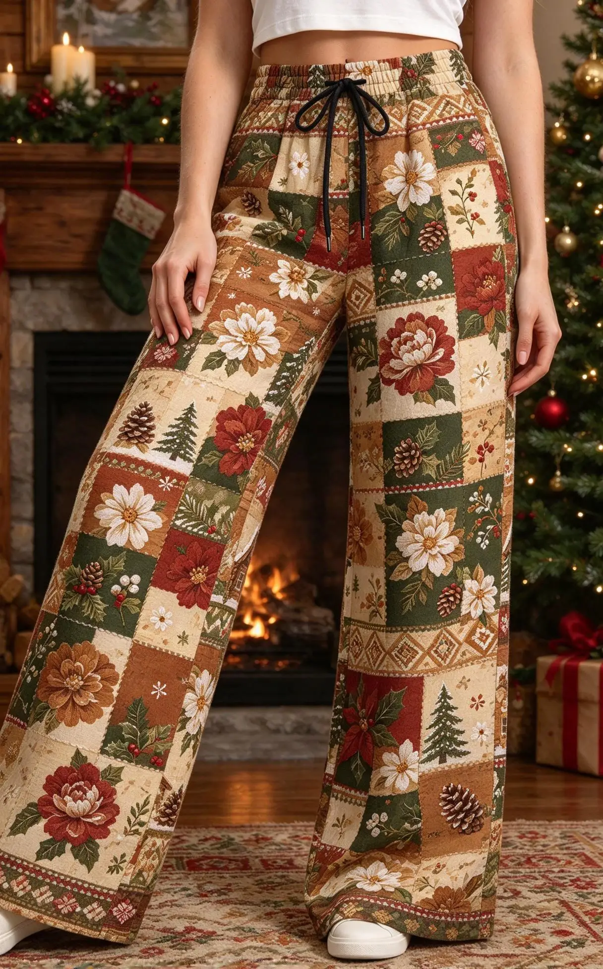 Women Drawstring Wide Leg Pants Vintage Cabin Pine Tree Xmas Stripe Print Loose Winter Holiday Trousers