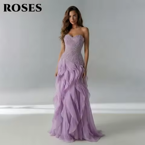 ROSES Lavender Prom Dresses Zipper Back 프롬 드레스 Sweetheart Celebrity Dress Beaded Ruffled Chiffon Evening Dress Customized