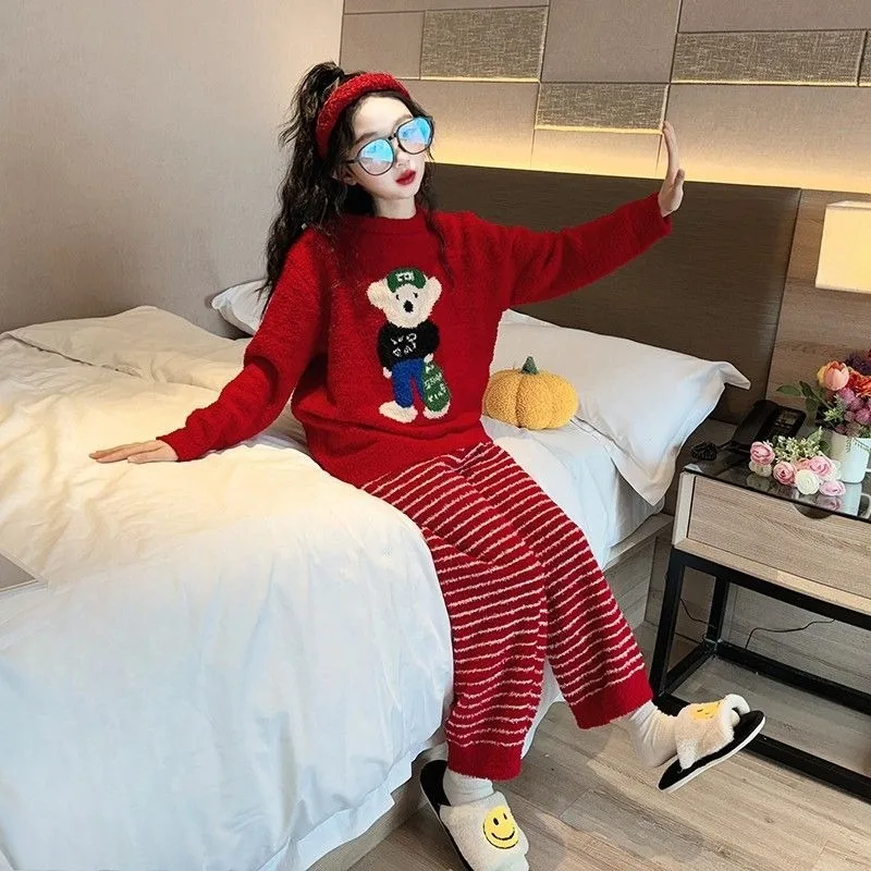 

Autumn Winter Thick Flannel Pajamas for Tween Girls Warm Double Layer Bear Design Home Wear Set Thermal Cotton Pajama Set Kids