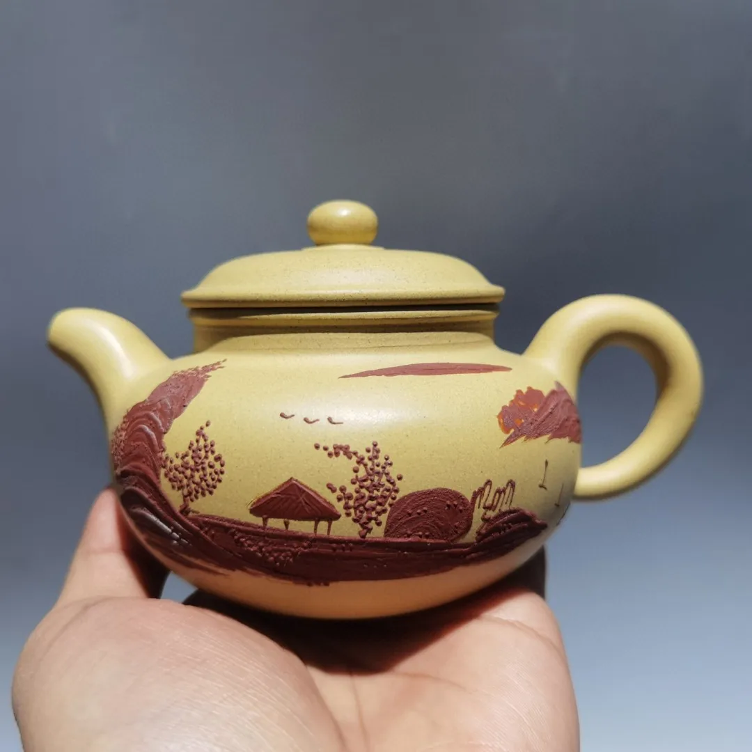 

6"Chinese Yixing Purple Clay Teapot landscape painting Kettle Teapot Pot Tea Maker Office Amass wealth Ornaments