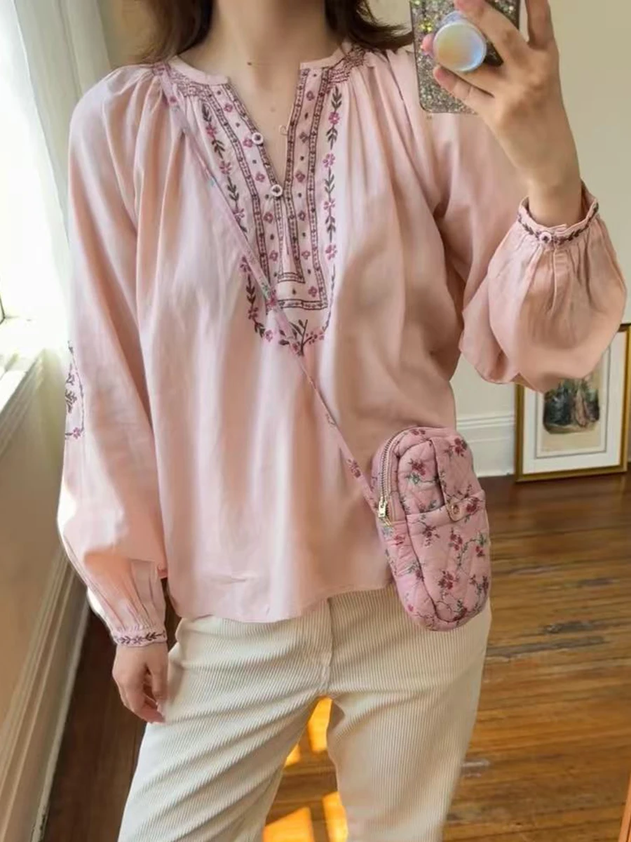 Chemisier brodé de fleurs françaises pour femmes, manches longues bouffantes, chemises Vintage de styliste, hauts élégants à la mode, printemps-automne, 2026