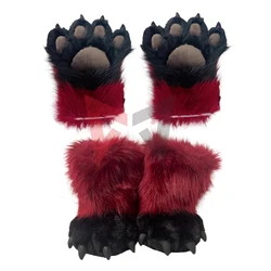 Nowe Fursuit kot Pawl futrzany Fandom rękawiczki buty nakładka ochronna na buty krwistoczerwony czarny kolor kostium bestii Cosplay akcesoria wykonane na zamówienie