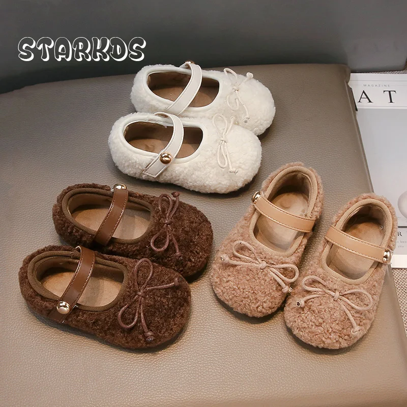 

Bowknot Lambswool Ballet Flats Baby Girl Winter Warm Teddy Fur Ballerina Shoes Kids Cosy Plush Mary Jane Zapatos with Buckles